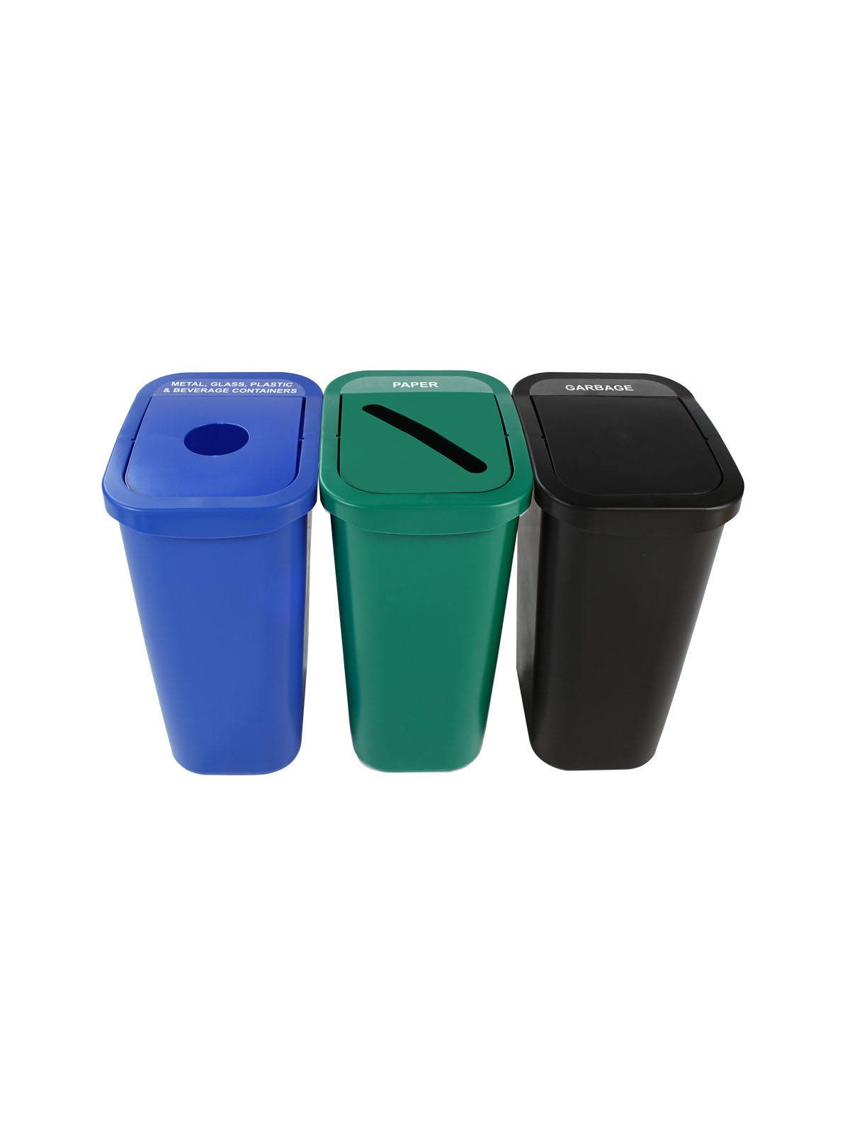 比尔盒 - 三重 - 纽约州兼容 - 金属，玻璃，塑料和饮料集装箱 - 纸垃圾 - 圈槽 - 摆动 - 蓝绿色标题=